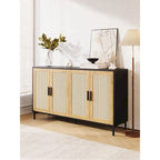 Buffet en rotin bois et noir à 4 portes, style Mid-Century, montage par 1 personne