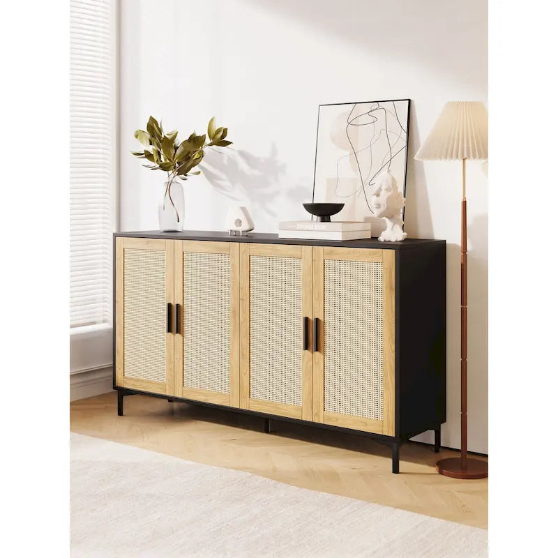 Buffet en rotin bois et noir à 4 portes, style Mid-Century, montage par 1 personne