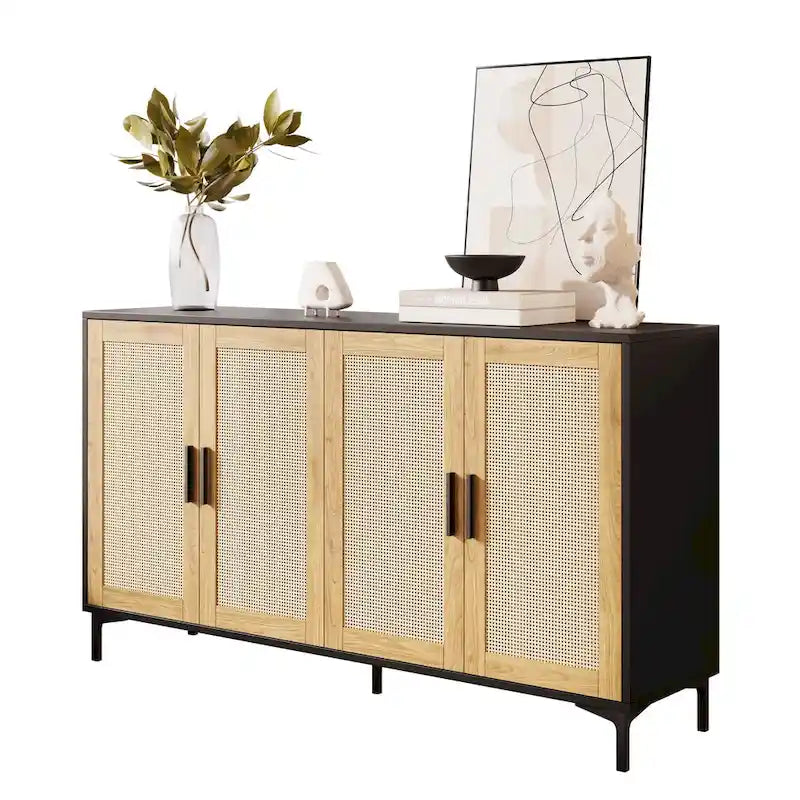 Buffet en rotin bois et noir à 4 portes, style Mid-Century, montage par 1 personne