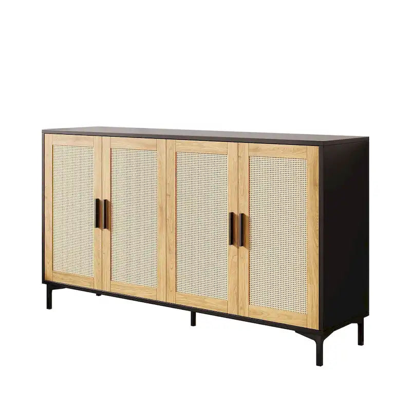 Buffet en rotin bois et noir à 4 portes, style Mid-Century, montage par 1 personne
