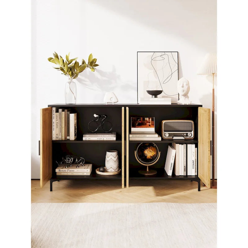 Buffet en rotin bois et noir à 4 portes, style Mid-Century, montage par 1 personne
