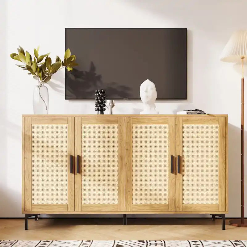Buffet en rotin bois et noir à 4 portes, style Mid-Century, montage par 1 personne