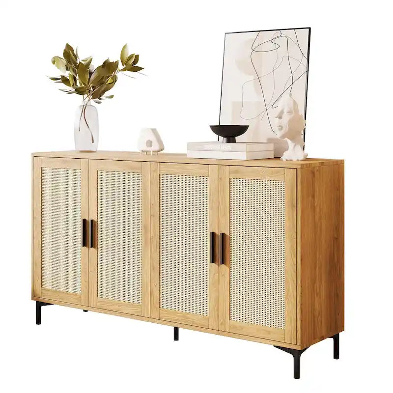 Buffet en rotin bois et noir à 4 portes, style Mid-Century, montage par 1 personne