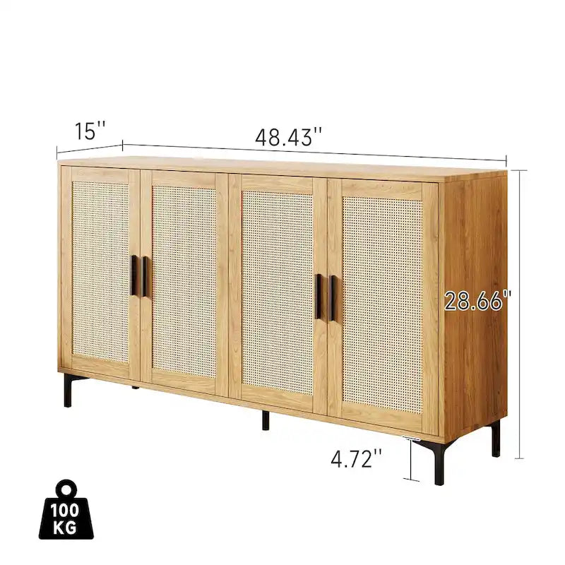 Buffet en rotin bois et noir à 4 portes, style Mid-Century, montage par 1 personne