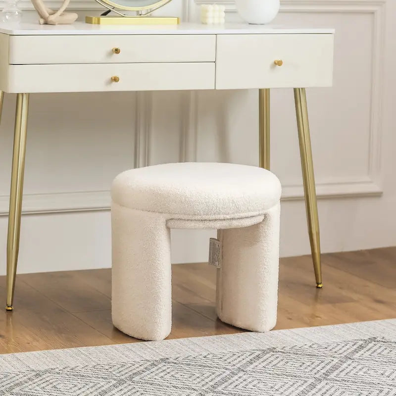 Pouffe rond blanc/beige, tissu Teddy, 1 personne