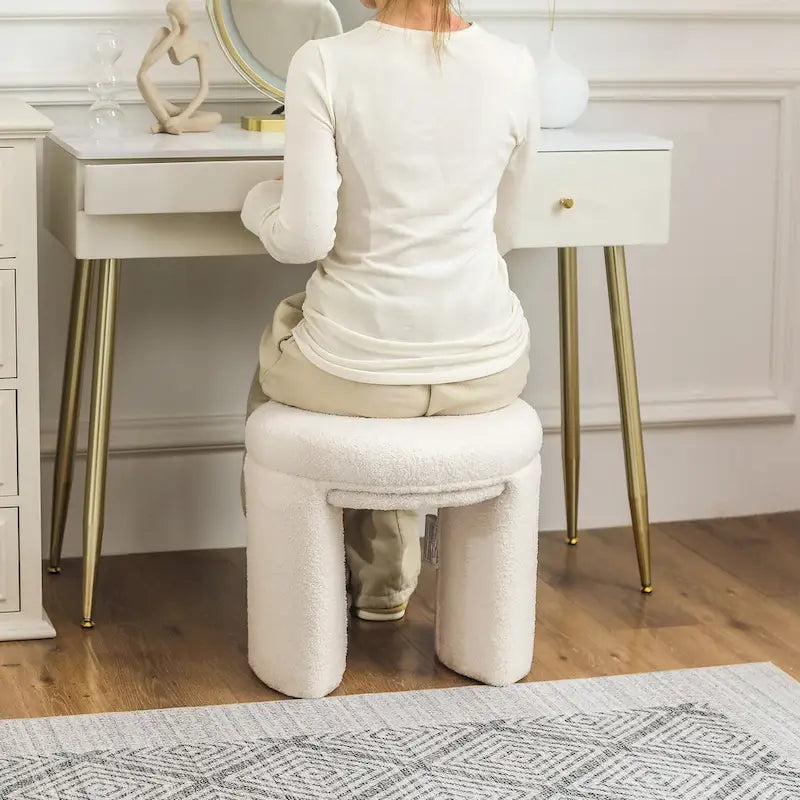 Pouffe rond blanc/beige, tissu Teddy, 1 personne