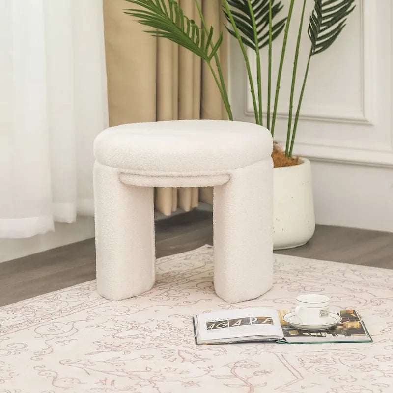 Pouffe rond blanc/beige, tissu Teddy, 1 personne
