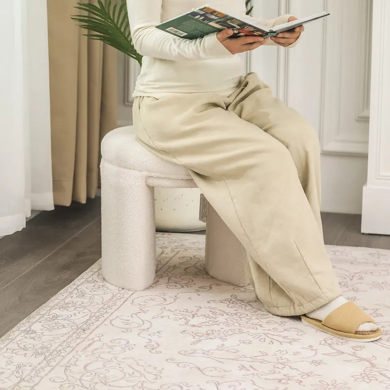 Pouffe rond blanc/beige, tissu Teddy, 1 personne