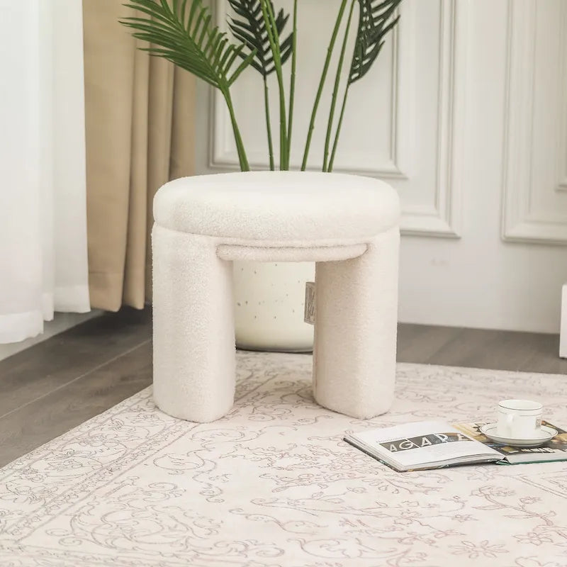 Pouffe rond blanc/beige, tissu Teddy, 1 personne
