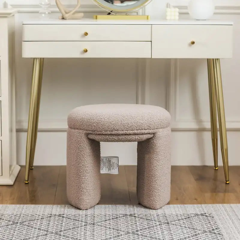 Pouffe rond blanc/beige, tissu Teddy, 1 personne