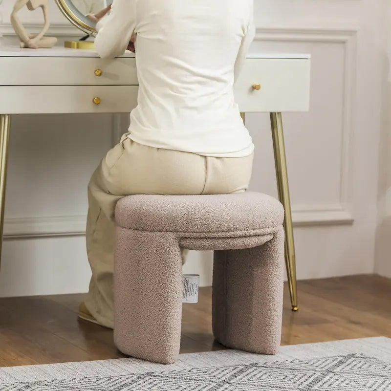 Pouffe rond blanc/beige, tissu Teddy, 1 personne