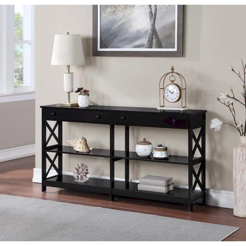 Console de 152 cm avec 2 tiroirs et 3 étagères – Blanc / Noir / Espresso / Gris