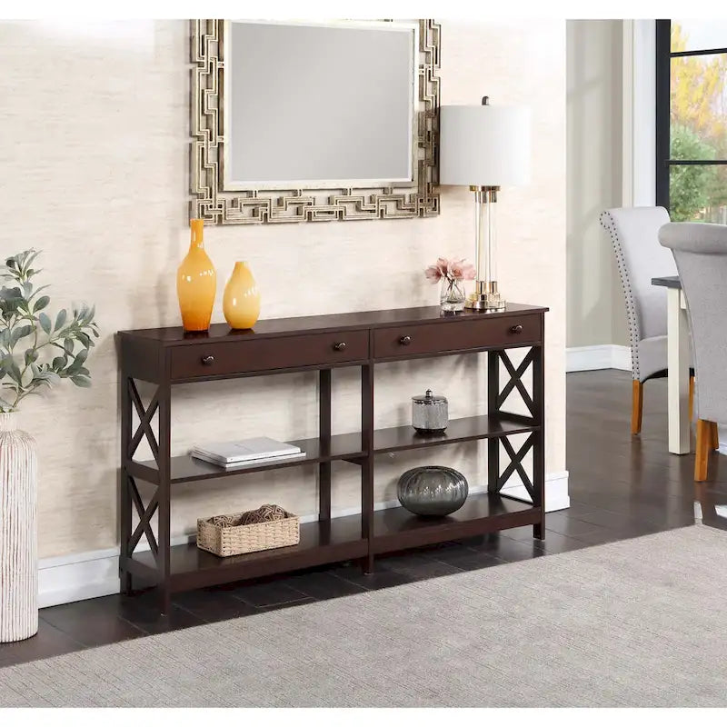 Console de 152 cm avec 2 tiroirs et 3 étagères – Blanc / Noir / Espresso / Gris