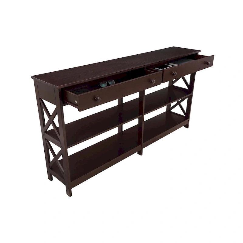 Console de 152 cm avec 2 tiroirs et 3 étagères – Blanc / Noir / Espresso / Gris