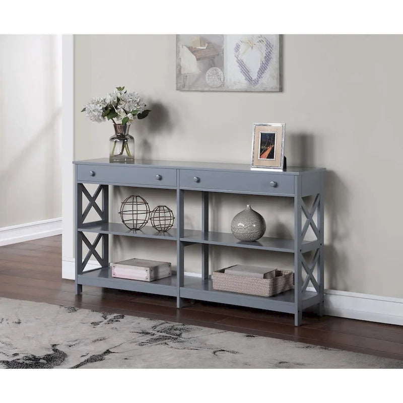 Console de 152 cm avec 2 tiroirs et 3 étagères – Blanc / Noir / Espresso / Gris