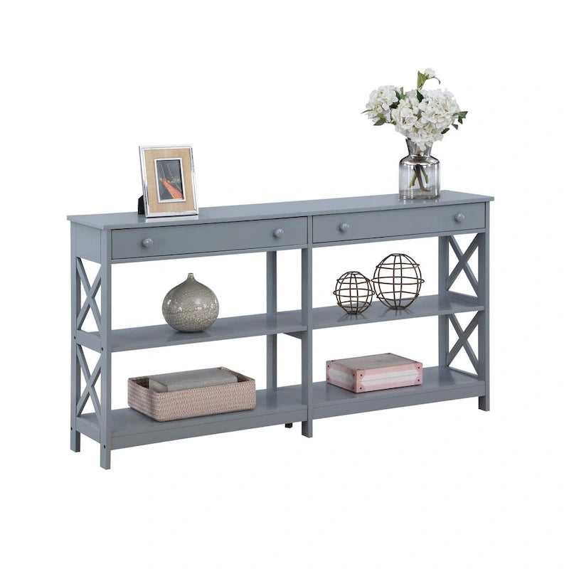 Console de 152 cm avec 2 tiroirs et 3 étagères – Blanc / Noir / Espresso / Gris