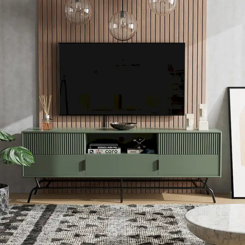 Meuble TV 60", Meuble multimédia à 3 tiroirs, Vert sauge/Indigo/Blanc/Gris, Montage par 1 personne