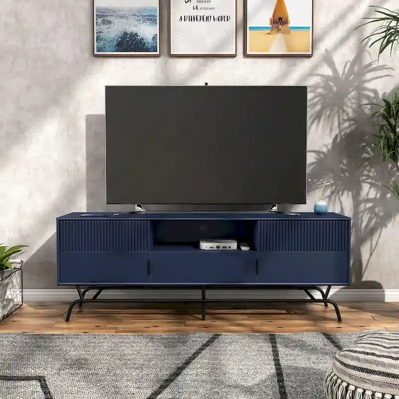 Meuble TV 60", Meuble multimédia à 3 tiroirs, Vert sauge/Indigo/Blanc/Gris, Montage par 1 personne