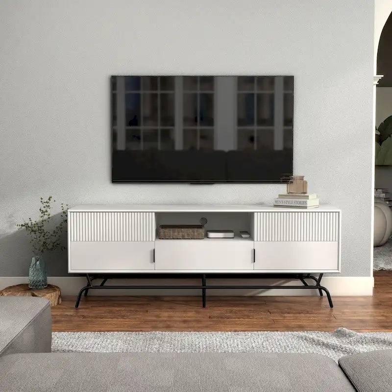 Meuble TV 60", Meuble multimédia à 3 tiroirs, Vert sauge/Indigo/Blanc/Gris, Montage par 1 personne