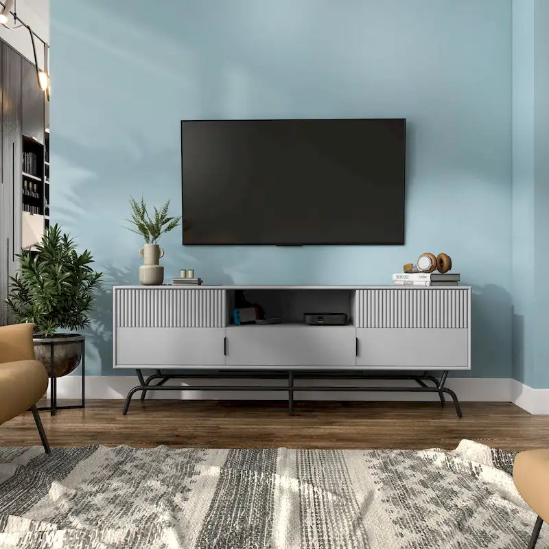 Meuble TV 60", Meuble multimédia à 3 tiroirs, Vert sauge/Indigo/Blanc/Gris, Montage par 1 personne