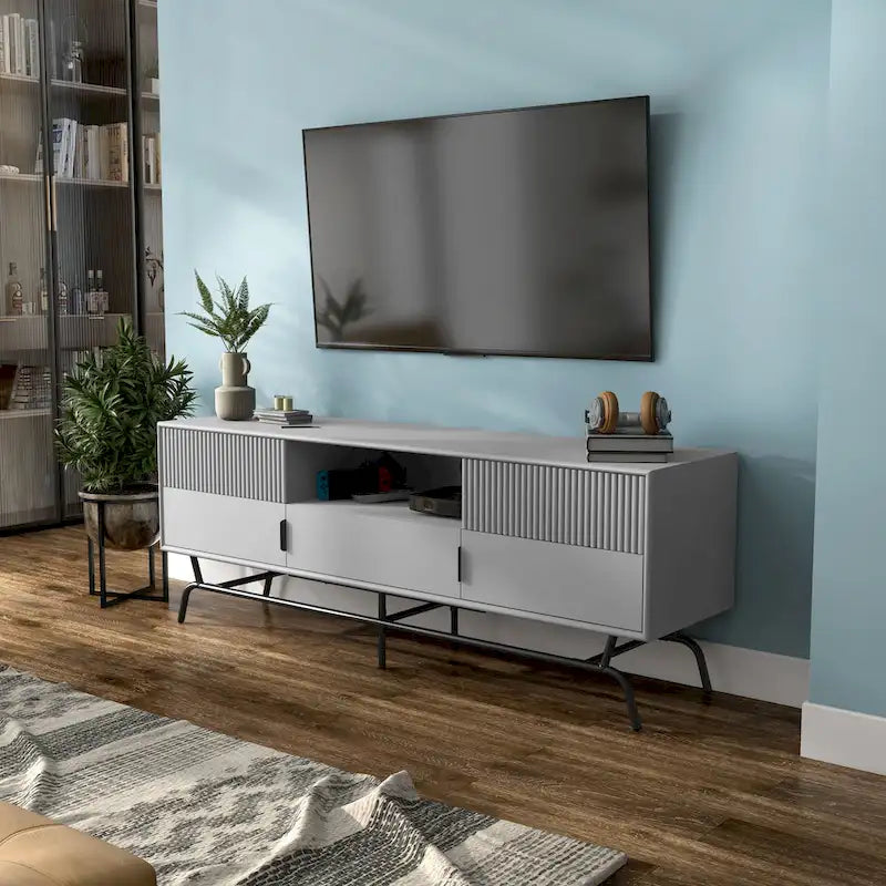 Meuble TV 60", Meuble multimédia à 3 tiroirs, Vert sauge/Indigo/Blanc/Gris, Montage par 1 personne