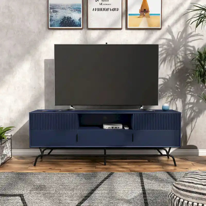 Meuble TV 60", Meuble multimédia à 3 tiroirs, Vert sauge/Indigo/Blanc/Gris, Montage par 1 personne