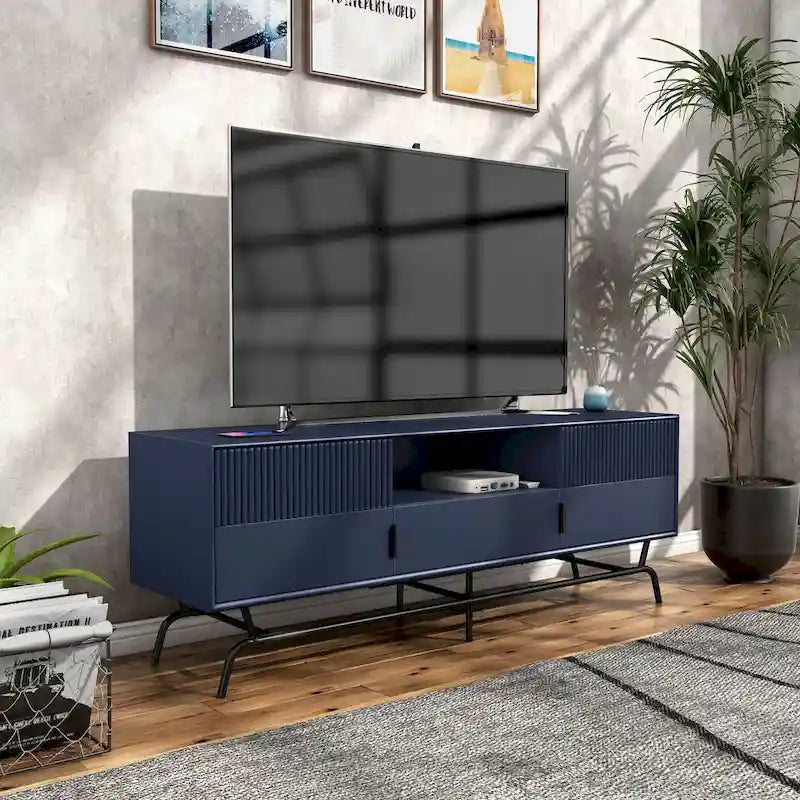 Meuble TV 60", Meuble multimédia à 3 tiroirs, Vert sauge/Indigo/Blanc/Gris, Montage par 1 personne