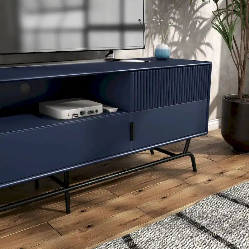 Meuble TV 60", Meuble multimédia à 3 tiroirs, Vert sauge/Indigo/Blanc/Gris, Montage par 1 personne
