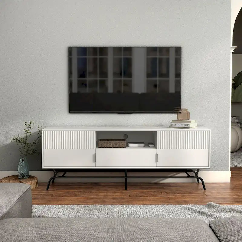 Meuble TV 60", Meuble multimédia à 3 tiroirs, Vert sauge/Indigo/Blanc/Gris, Montage par 1 personne