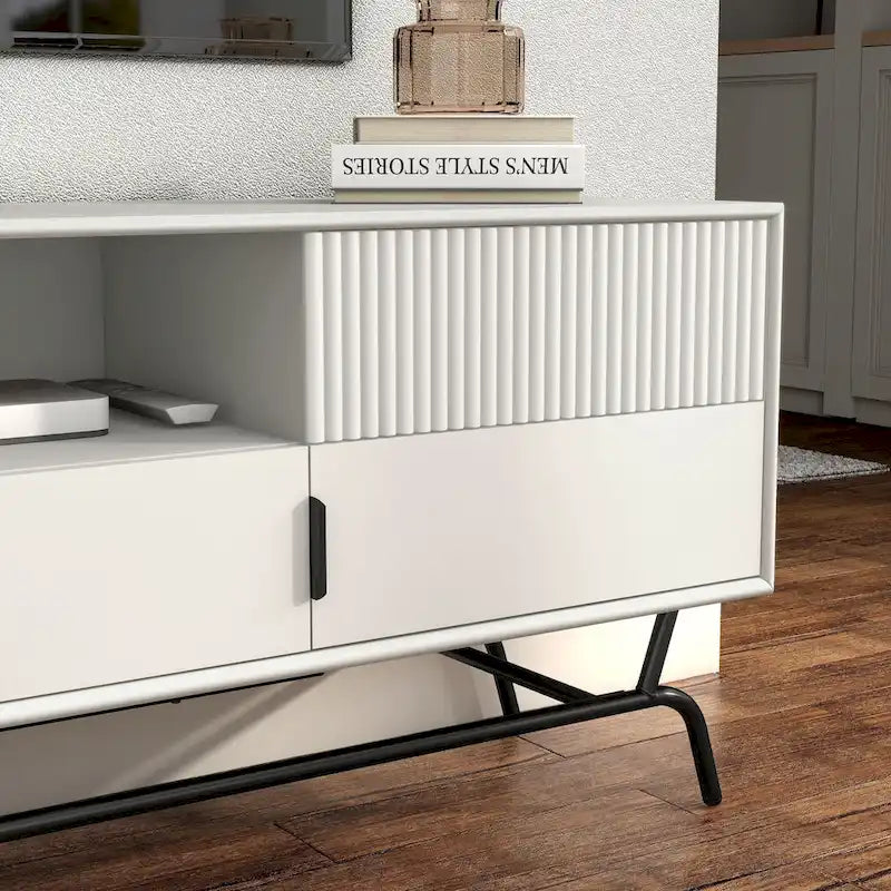 Meuble TV 60", Meuble multimédia à 3 tiroirs, Vert sauge/Indigo/Blanc/Gris, Montage par 1 personne