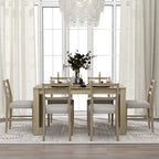 Ensemble table de salle à manger extensible en bois naturel, lavé et marron/blanc, avec 6 chaises, pouvant accueillir jusqu'à 8 personnes.