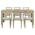 Ensemble table de salle à manger extensible en bois naturel, lavé et marron/blanc, avec 6 chaises, pouvant accueillir jusqu'à 8 personnes.