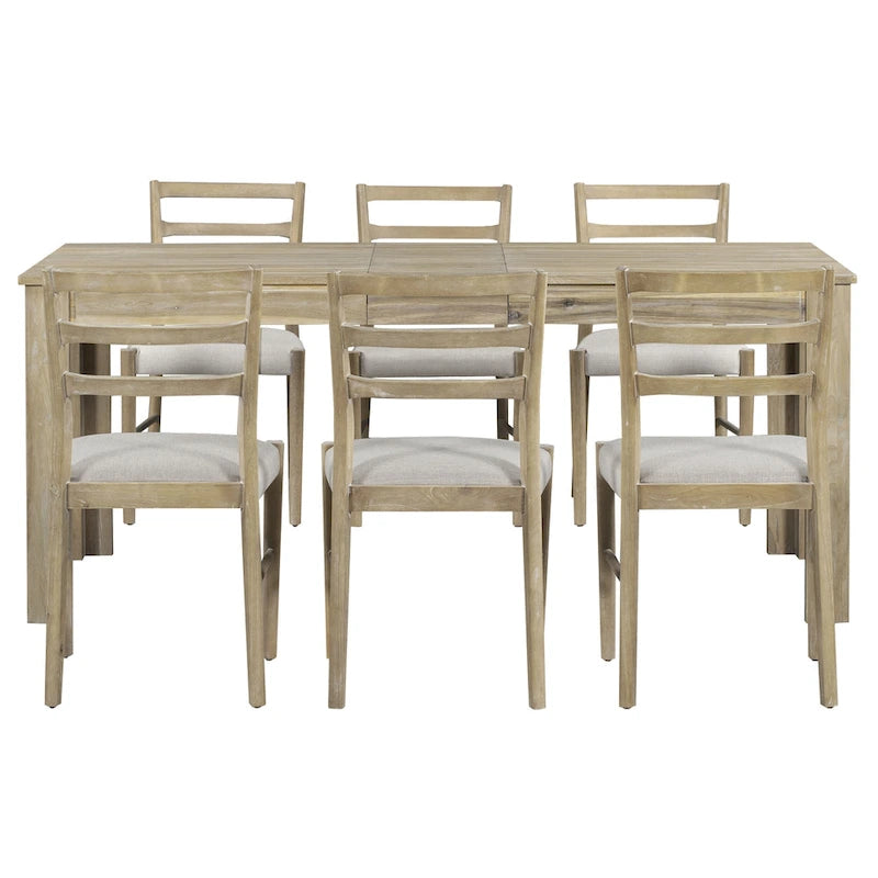 Ensemble table de salle à manger extensible en bois naturel, lavé et marron/blanc, avec 6 chaises, pouvant accueillir jusqu'à 8 personnes.