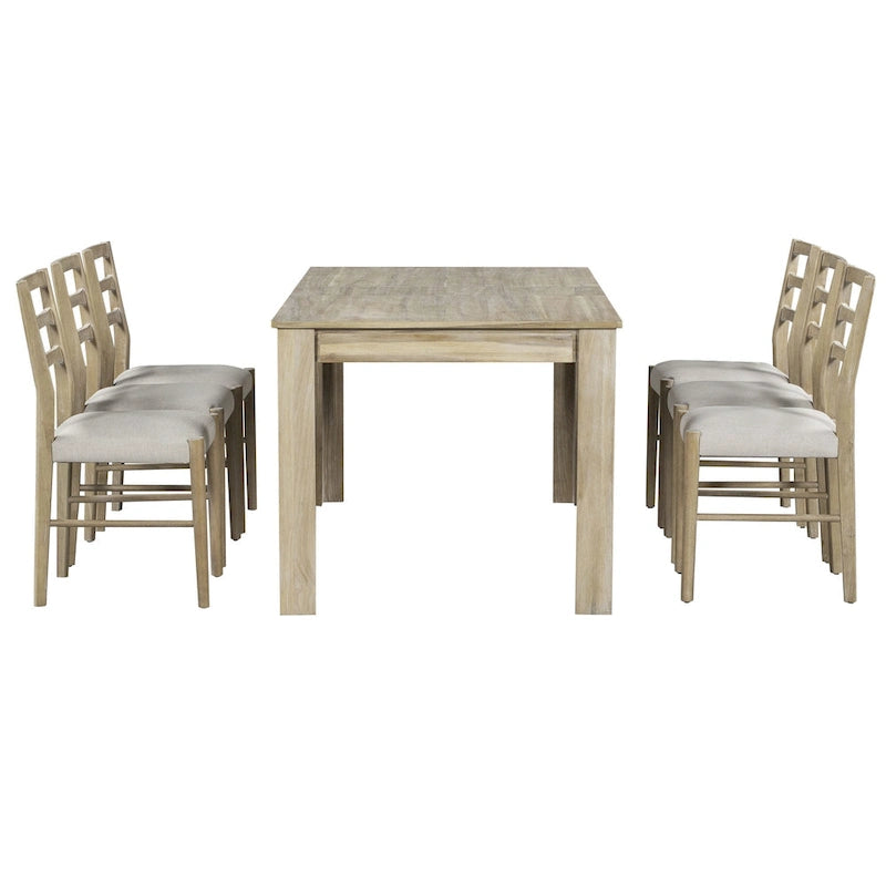 Ensemble table de salle à manger extensible en bois naturel, lavé et marron/blanc, avec 6 chaises, pouvant accueillir jusqu'à 8 personnes.