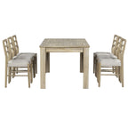 Ensemble table de salle à manger extensible en bois naturel, lavé et marron/blanc, avec 6 chaises, pouvant accueillir jusqu'à 8 personnes.