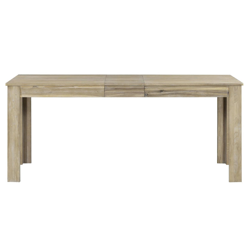 Ensemble table de salle à manger extensible en bois naturel, lavé et marron/blanc, avec 6 chaises, pouvant accueillir jusqu'à 8 personnes.
