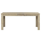Ensemble table de salle à manger extensible en bois naturel, lavé et marron/blanc, avec 6 chaises, pouvant accueillir jusqu'à 8 personnes.