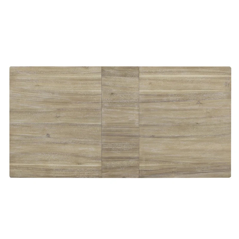 Ensemble table de salle à manger extensible en bois naturel, lavé et marron/blanc, avec 6 chaises, pouvant accueillir jusqu'à 8 personnes.