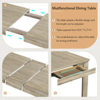 Ensemble table de salle à manger extensible en bois naturel, lavé et marron/blanc, avec 6 chaises, pouvant accueillir jusqu'à 8 personnes.