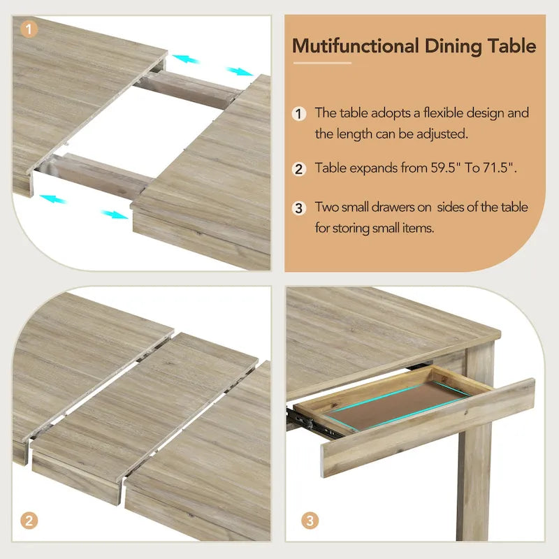 Ensemble table de salle à manger extensible en bois naturel, lavé et marron/blanc, avec 6 chaises, pouvant accueillir jusqu'à 8 personnes.