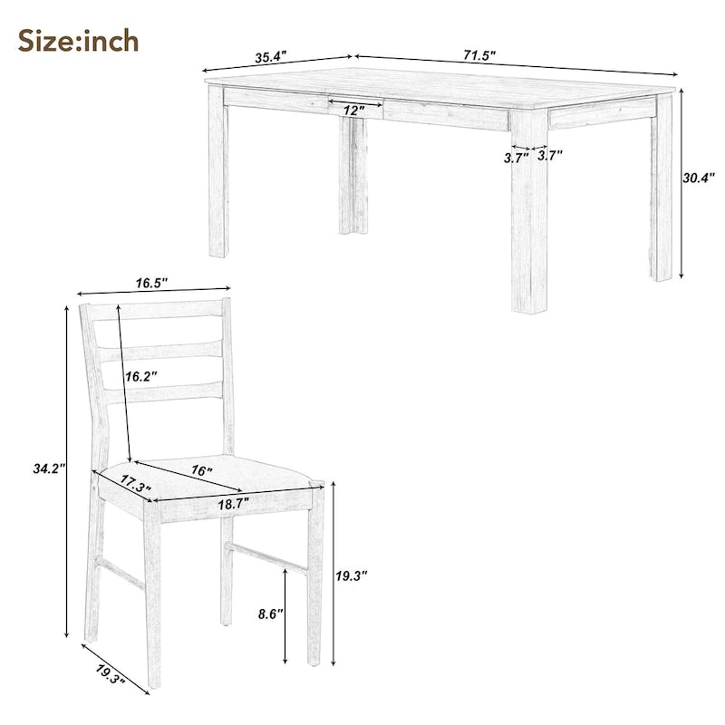 Ensemble table de salle à manger extensible en bois naturel, lavé et marron/blanc, avec 6 chaises, pouvant accueillir jusqu'à 8 personnes.