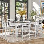 Ensemble table de salle à manger extensible en bois naturel, lavé et marron/blanc, avec 6 chaises, pouvant accueillir jusqu'à 8 personnes.