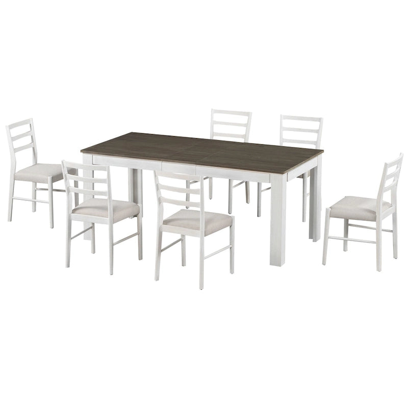 Ensemble table de salle à manger extensible en bois naturel, lavé et marron/blanc, avec 6 chaises, pouvant accueillir jusqu'à 8 personnes.