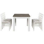 Ensemble table de salle à manger extensible en bois naturel, lavé et marron/blanc, avec 6 chaises, pouvant accueillir jusqu'à 8 personnes.