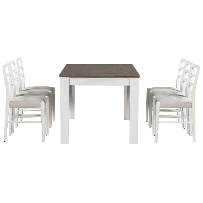 Ensemble table de salle à manger extensible en bois naturel, lavé et marron/blanc, avec 6 chaises, pouvant accueillir jusqu'à 8 personnes.