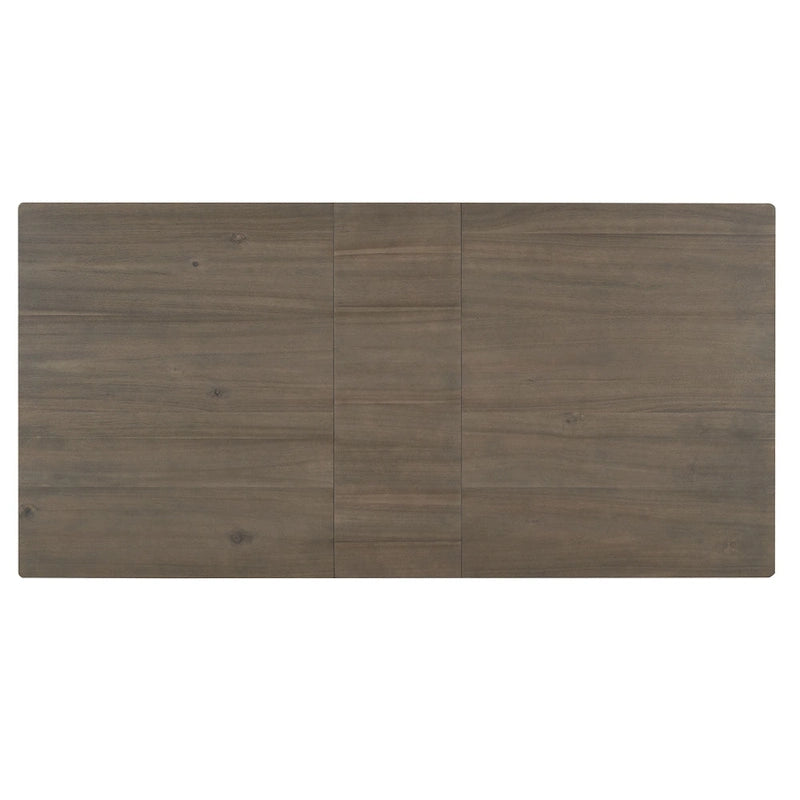 Ensemble table de salle à manger extensible en bois naturel, lavé et marron/blanc, avec 6 chaises, pouvant accueillir jusqu'à 8 personnes.