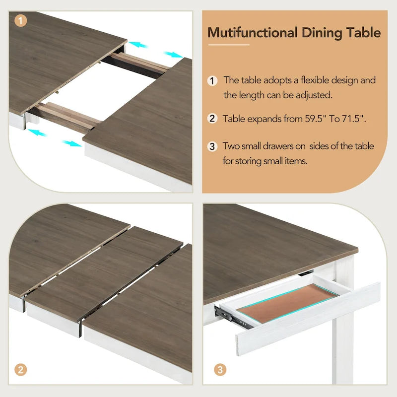 Ensemble table de salle à manger extensible en bois naturel, lavé et marron/blanc, avec 6 chaises, pouvant accueillir jusqu'à 8 personnes.