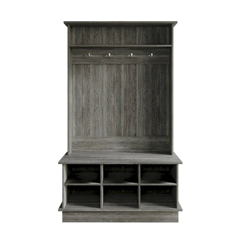 Meuble d'entrée avec banc et patères, gris clair / marron / noir / blanc / gris foncé