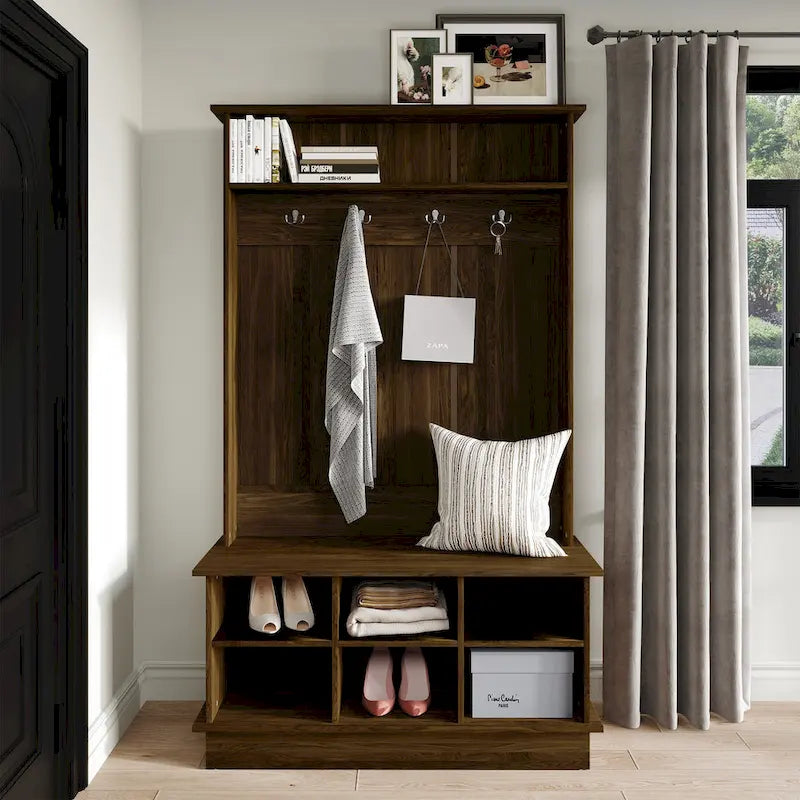Meuble d'entrée avec banc et patères, gris clair / marron / noir / blanc / gris foncé