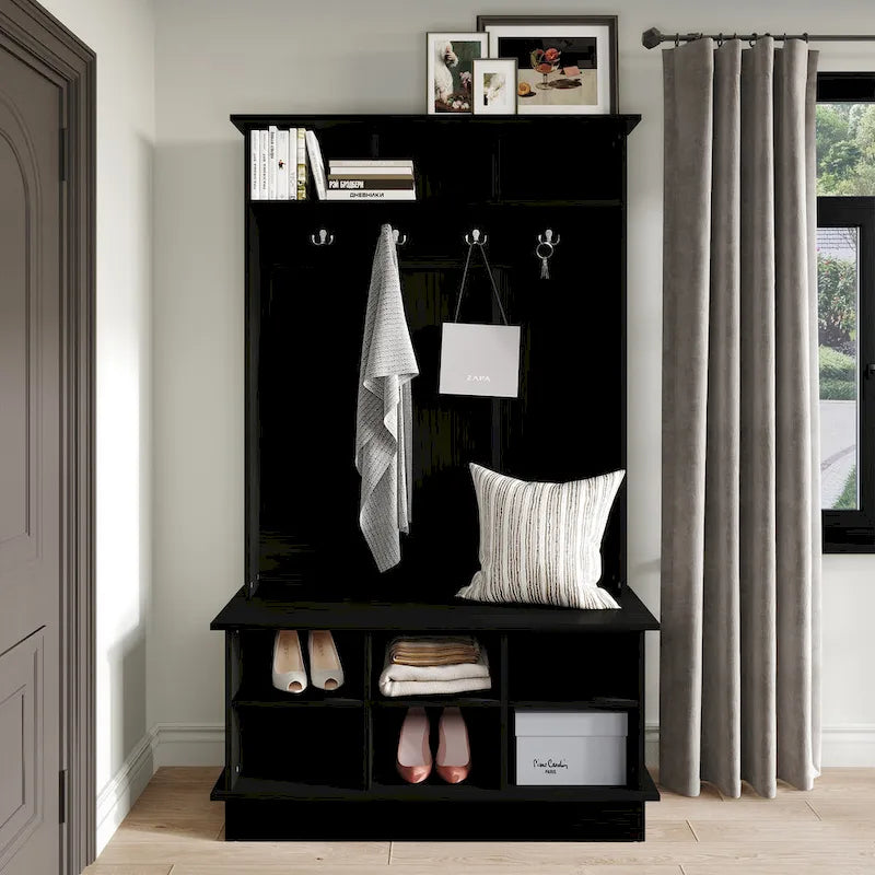 Meuble d'entrée avec banc et patères, gris clair / marron / noir / blanc / gris foncé
